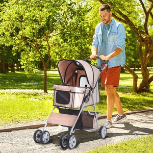 PawHut Pet Stroller Cats Foldable Travel Carriage with Wheels Zipper - Brown by PawHut