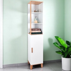 Catania Matt White and Bamboo Tall Boy Cabinet with Display Shelves - White by Showerdrape