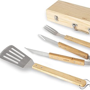 4 Piece Wooden BBQ Tools Set - Brown by Tower