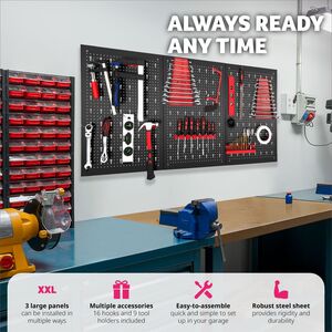 Pegboard - for tools, with 25 hooks and brackets, made of steel - Black/Red by tectake