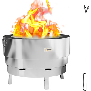Outsunny Fire Pit with Grill Net, Stainless Steel Firepit with Poker - Silver by Outsunny