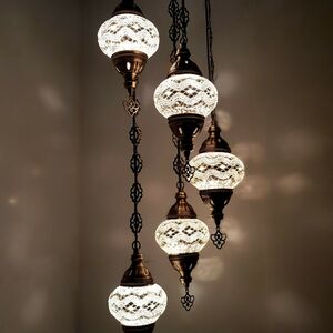 Turkish Moroccan Chandelier Glass Mosaic Ceiling Hanging Lamp ( Style - 5) - White by WORLD HOME LIVING
