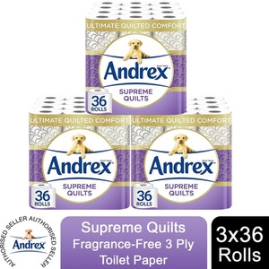 Andrex Supreme Quilts Toilet Rolls Fragrance-Free 3 Ply and Super Soft - 108 Rolls / x108 by Andrex