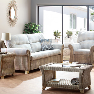 Clifton Cane Conservatory 3 Seater Sofa with Athena Check Cushions - Neutral by Desser