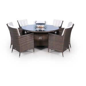 Savannah Fire Pit Round Rattan Patio Dining Set - Brown / 6 by Giardino