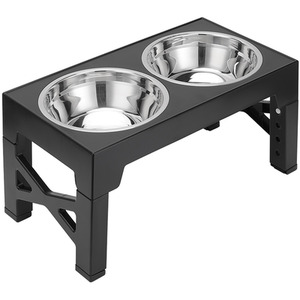Double Dog Bowl Feeder with Adjustable Foldable Stand - Black / 2x Standard Bowls by Livingandhome