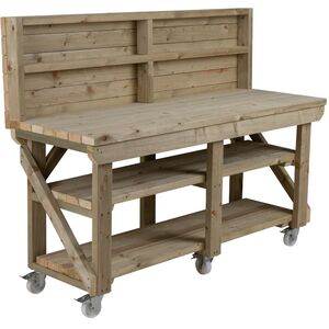 IndoorOutdoor Wooden Workbench With Back Panel Double Shelf And Wheels by Arbor Garden Solutions