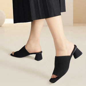 Square-Toe Open-Toe Block Heel Knit Sandals by komore