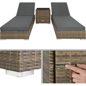 2 Rattan Sunloungers with Table and Protective Cover - Neutral by tectake