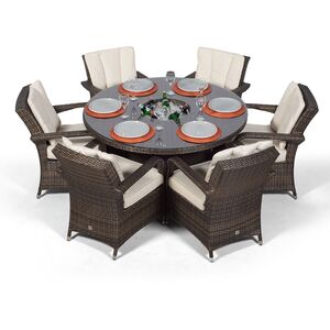 Arizona Round Rattan Patio Dining Set with Ice Bucket Drinks Cooler - Brown / 6 by Giardino