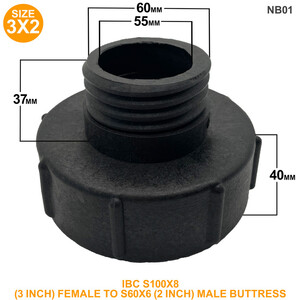 IBC S100x8 (3 inch) Female to S60x6 (2 inch) Male Buttress - Black by DNA PACKAGING LTD