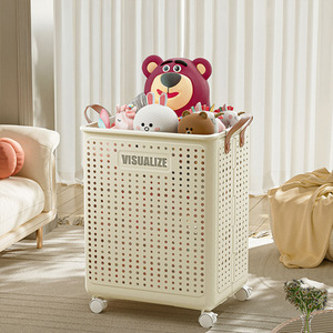 Foldable Laundry Basket with Wheels - Beige / 50cm / 31cm by Livingandhome