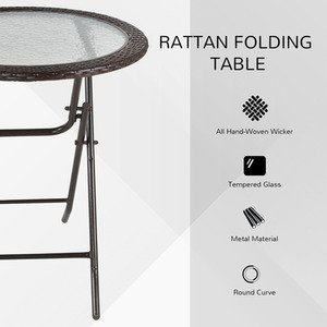 Outsunny Folding Round Tempered Glass Metal Table - Brown by Outsunny
