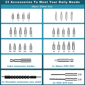 Electric Screwdriver with 33 Magnetic Bits Set - Black