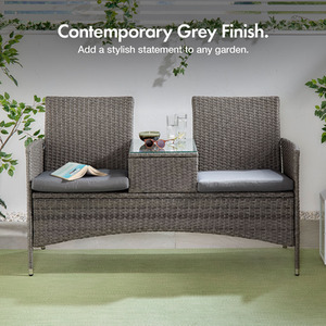 Rattan Love Seat for Garden with Glass Tabletop 2 Person - Grey by VonHaus