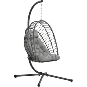 Outsunny Cushioned PE Rattan Hanging Swing Chair with Stand - Light Grey by Outsunny