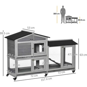 PawHut Two-Tier Wooden Pet Hutch with Wheels, Run - Grey by PawHut