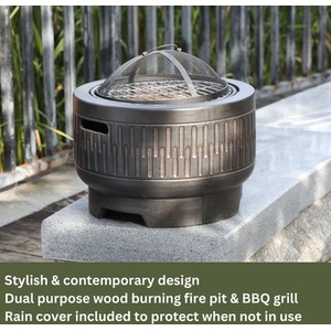 Morbarrel Outdoor Garden Fire Pit with stainless steel cooking grill - Brown by Vossmoon