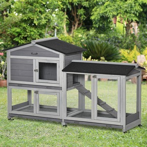 PawHut Two-Tier Wooden Pet Hutch with Wheels, Run - Grey by PawHut