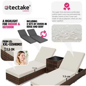 2 Rattan Sunloungers with Table and Protective Cover - Brown by tectake