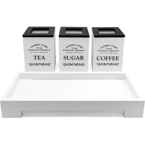 3 Piece Tea Coffee Sugar Canister Set with Stand - White - White by Maison Des Cadeaux