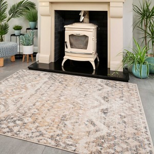 Natural Beige Gold Distressed Diamond Geometric Living Area Rug by The Rug House