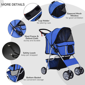 PawHut Pet Stroller Cats Foldable Travel Carriage with Wheels Zipper - Blue by PawHut