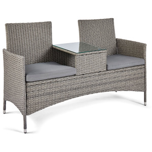 Rattan Love Seat for Garden with Glass Tabletop 2 Person - Grey by VonHaus