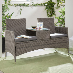 Rattan Love Seat for Garden with Glass Tabletop 2 Person - Grey by VonHaus