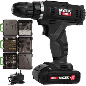 18V Li-ion Cordless Drill Electric Screwdriver, Combi Driver and Accessory Kit - Black / 204 Piece by Mylek