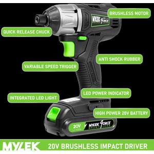 Cordless Li-ion Impact Drill Driver 20V Brushless Hammer Action - Black by Mylek