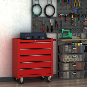 HOMCOM 5 Drawer Tool Trolley Lockable Steel Tool Chest on Wheels - Red by HOMCOM