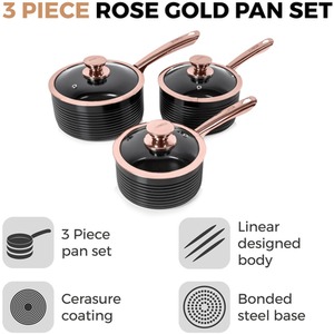 Linear Rose Gold 3 Piece Saucepan Set - Black by Tower