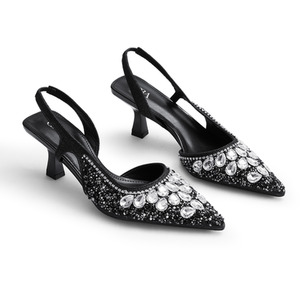 Heels Pointed Toe Slingback with Rhinestone Detail by Livingandhome