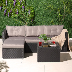 Rattan Corner Sofa Set with Table - Black by VonHaus