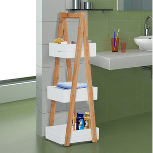 HOMCOM 3 Tier A Frame Bathroom Shower Caddy - White & Bamboo Colour by HOMCOM