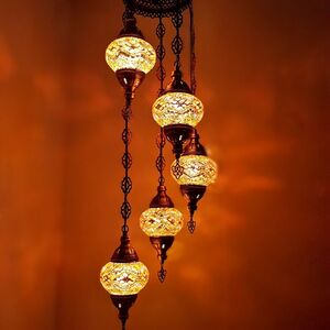 Turkish Moroccan Chandelier Glass Mosaic Ceiling Hanging Lamp ( Style - 4) - Orange by WORLD HOME LIVING