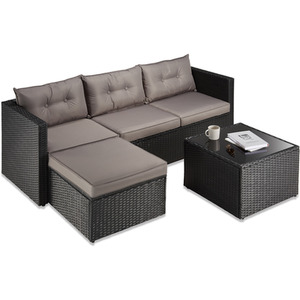 Rattan Corner Sofa Set with Table - Black by VonHaus