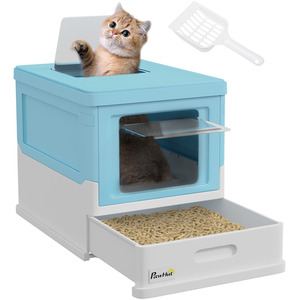 PawHut Cat Litter Box with Lid, Foldable Cat Litter Tray with Scoop - Blue by PawHut