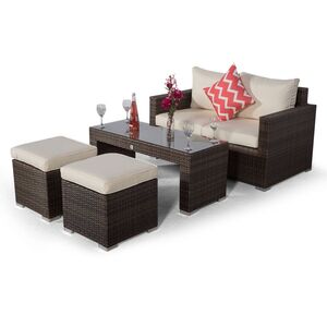 Giardino Sydney Rattan 2 Seater Sofa Set with Coffee Table and 2 Stools - Brown by Giardino