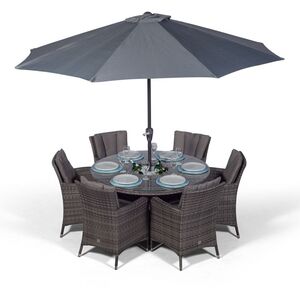 Savannah Round Rattan Patio Dining Set with Ice Bucket Drinks Cooler - Grey / 6 by Giardino