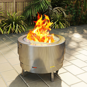 Outsunny Fire Pit with Grill Net, Stainless Steel Firepit with Poker - Silver by Outsunny