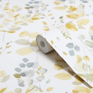 Fresco Watercolour Leaves Ochre Wallpaper - Yellow by Fresco
