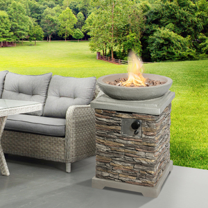 Large Tall Outdoor Column Stone Effect Gas Fire Pit Table with Lava Rocks - Grey by Teamson Home