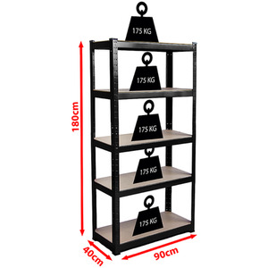 5 Tier Heavy Duty Adjustable Steel Garage Shelving Unit - 875kg Weight Capacity - Black / 40cm by Vida Designs