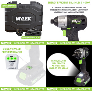 Cordless Li-ion Impact Drill Driver 20V Brushless Hammer Action - Black by Mylek