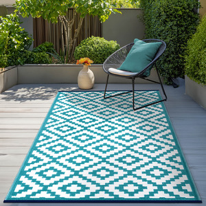Teal Blue and White Green Decore Nirvana Reversible Outdoor Camping Rug by Green Decore