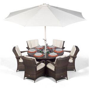 Arizona Round Rattan Patio Dining Set with Ice Bucket Drinks Cooler - Brown / 6 by Giardino