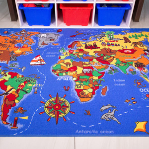 Children's Educational Blue World Map Play Mat Bedroom Rug - Blue / 200 x 95cm by The Rug House