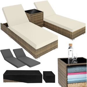 2 Rattan Sunloungers with Table and Protective Cover - Neutral by tectake